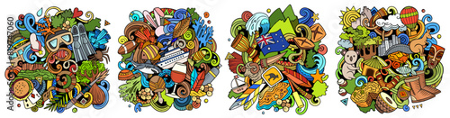 Australia cartoon vector doodle designs set. Colorful detailed compositions with lot of traditional symbols. Isolated on white illustrations