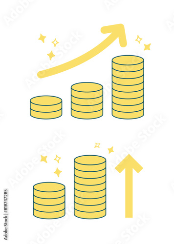 右肩上がりに積み上がるコイン＿お金が増えるイメージイラスト