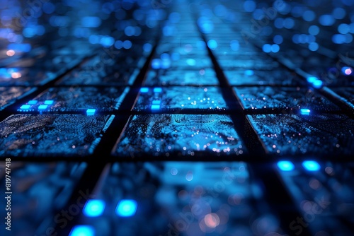 Close-up of tiled floor illuminated with blue lights