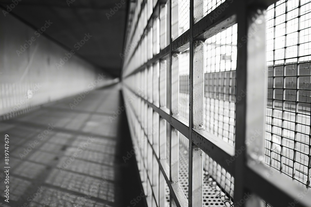 View of a prison cell block with a window View of a prison cell block with a window
