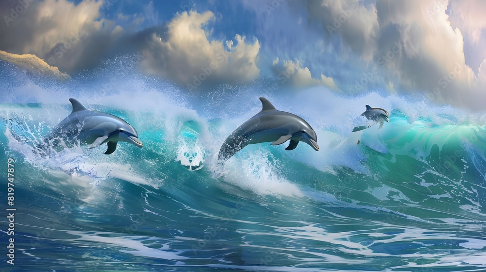 Fototapeta premium A lively scene of three dolphins joyfully jumping through the ocean waves under a dramatic cloud-filled sky.