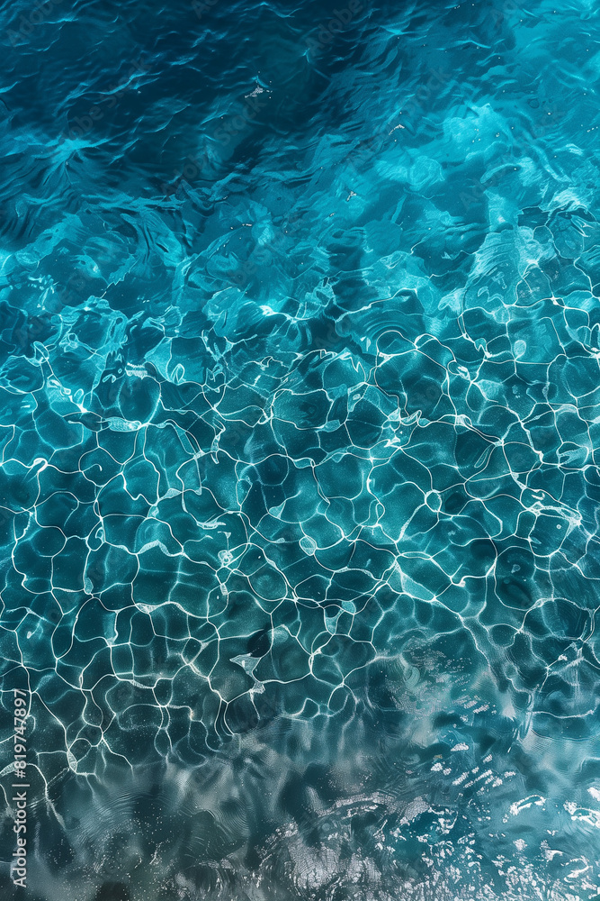 Fototapeta premium waves of H2O, crystal clear blue water of the sea, with ripples on its surface and the sunlight shining through them and reflecting in their shimmering light, photorealistic // ai-generated 