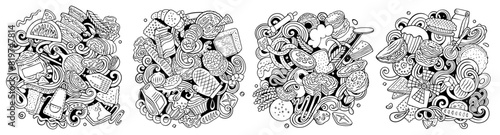 Bakery cartoon vector doodle designs set. Sketchy detailed banner with lot of baked goods objects and symbols compositions.
