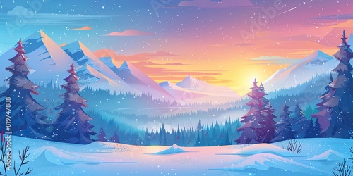 Flat illustration of winter landscape forest and mountain