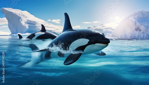 Groups of Orcas or killer whales swim and hunt for prey  the top of the food chain in a sea of       ice floes