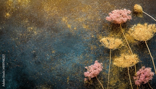 Dark background with a semi-frame of dry flowers on the bottom  golden dust  and a space for text. Can be used for presentations  postcards  invitations  and social media