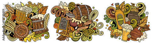 Beer fest cartoon vector doodle designs set. Colorful detailed compositions with lot of Oktoberfest objects and symbols. Isolated on white illustrations. Food and Drink banner