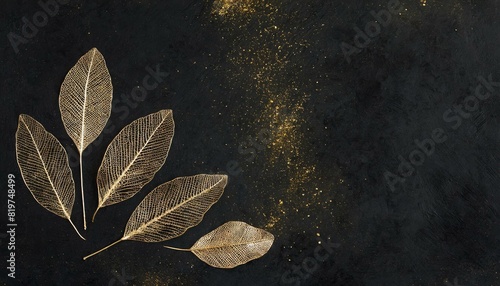 Abstract image of skeletonized leaves and gold powder on a dark background.	 Rather abstract has hypothetical space for text