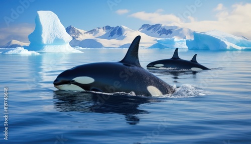 Groups of Orcas or killer whales swim and hunt for prey  the top of the food chain in a sea of       ice floes