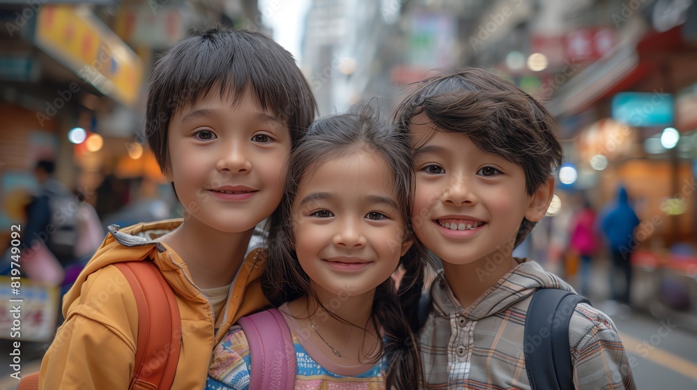 A portrait of brothers standing with their sister on a busy city footpath. A portrait of brothers standing with their sister on a busy city footpath.