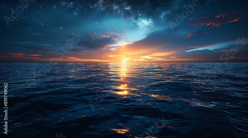 A panoramic view from an oceanic cruise ship, the tranquil sea stretches endlessly under a sky full of stars