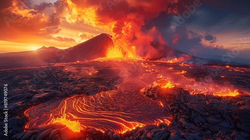 A volcano erupting at dusk, fiery lava spewing into the air, casting a vibrant orange and red glow over the darkened surrounding landscape