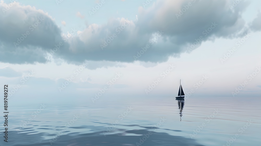 Solitary sailboat glides peacefully over calm waters under a vast, cloudy sky, capturing the tranquility and beauty of nature.