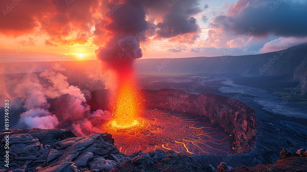 A volcano erupting at dusk, fiery lava spewing into the air, casting a vibrant orange and red glow over the darkened surrounding landscape