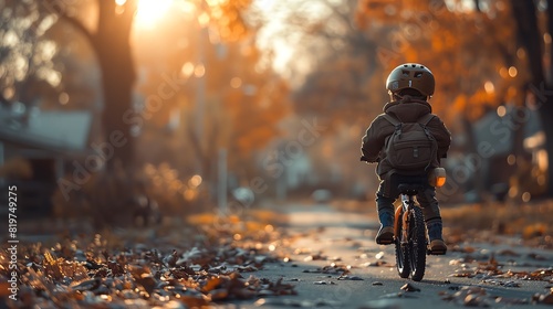 A child riding a bicycle to school, wearing a helmet and a schoolbag