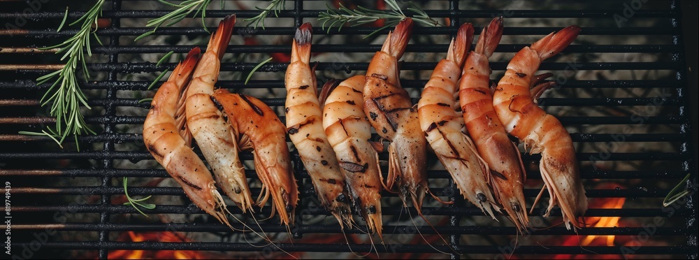 Black grill, there is 9 shrimp with herbs and sauce drizzled over them. Black grill, there is 9 shrimp with herbs and sauce drizzled over them.