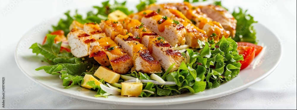 Healthy vegetable salad with grilled chicken breast, fresh lettuce, cherry tomatoes, red onion and pepper
Healthy vegetable salad with grilled chicken breast, fresh lettuce, cherry tomatoes, red onion and pepper