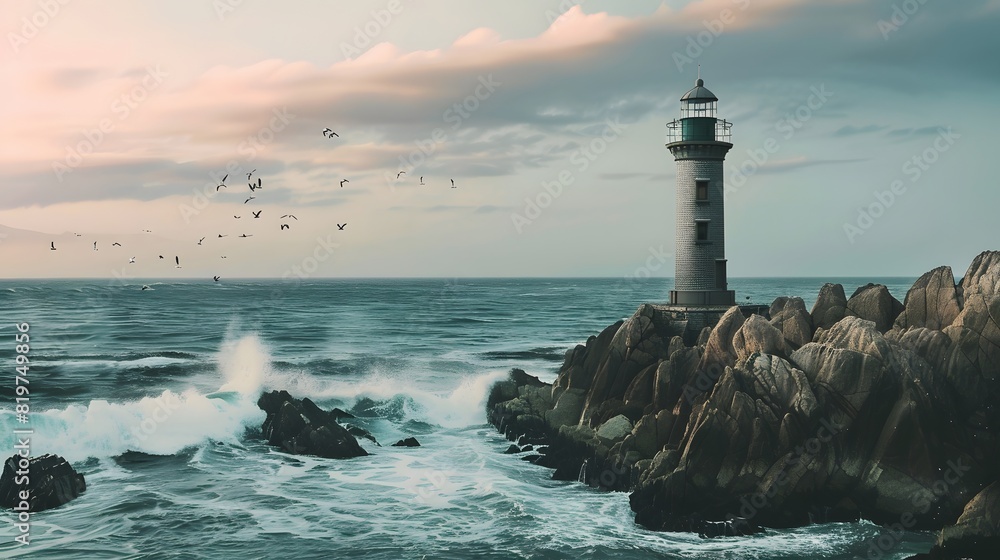 Lighthouse standing tall on the rocky shore as waves crash and birds soar under a pastel sky, a serene coastal scene at sunrise.