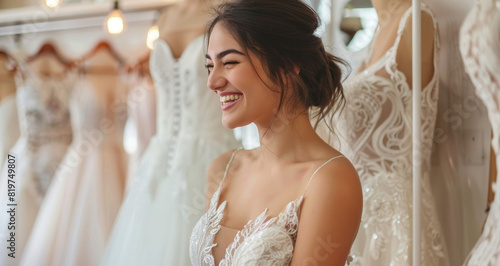 A beautiful bride smiles as she looks at her dream wedding dress in the shop, surrounded by other gowns on display.