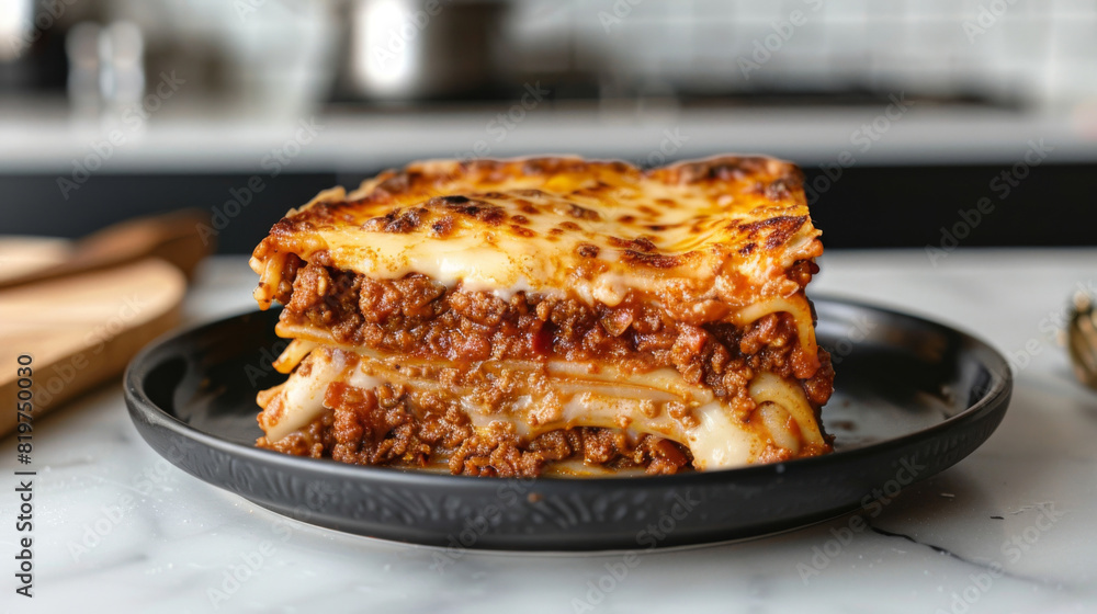 Authentic venezuelan lasagna with layers of pasta, rich meat sauce, and melted cheese presented on a black plate, ready to serve Authentic venezuelan lasagna with layers of pasta, rich meat sauce, and melted cheese presented on a black plate, ready to serve