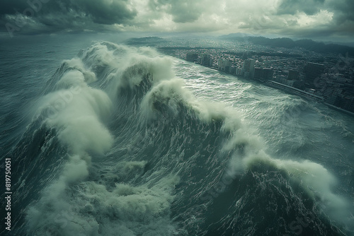 waves of H2O, massive tsunami wave approaching the city, terrifying, the sky is dark with clouds, the sea water has graygreen tones, photorealistic // ai-generated  photo