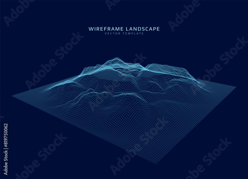 Wireframe landscape. Futuristic 3d mesh background. Digital hills technology. Vector illustration.