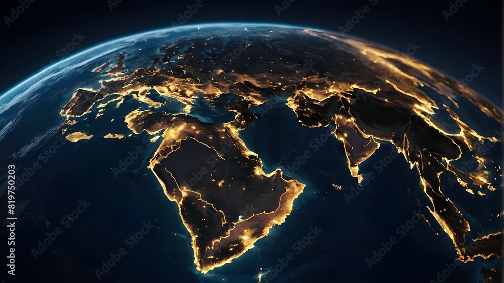 Middle East-centered digital globe, idea of global network and connectedness on Earth, cyber technology and data transfer, information sharing, and international telecommunication