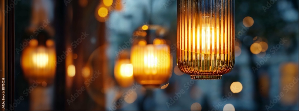 Lights in an evening restaurant, creating a warm and inviting atmosphere with soft focus on the intricate details of each lamp's texture. Metal or glass used for the lamp shades. Lights in an evening restaurant, creating a warm and inviting atmosphere with soft focus on the intricate details of each lamp's texture. Metal or glass used for the lamp shades.
