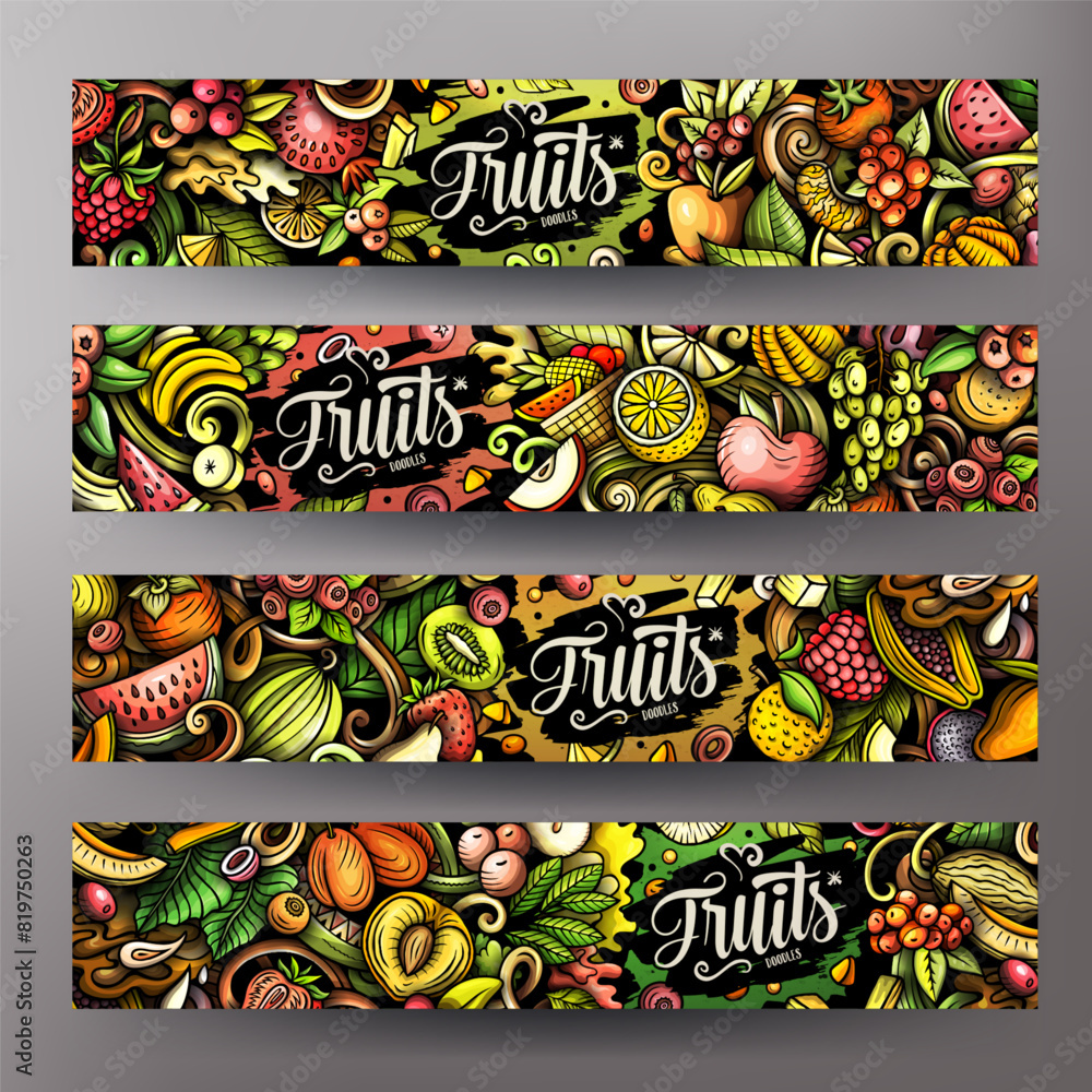 Cartoon vector doodle set of Fresh Fruits banners templates. Corporate identity for the use on apps, branding, flyers, web design. Funny natural food colorful illustration.