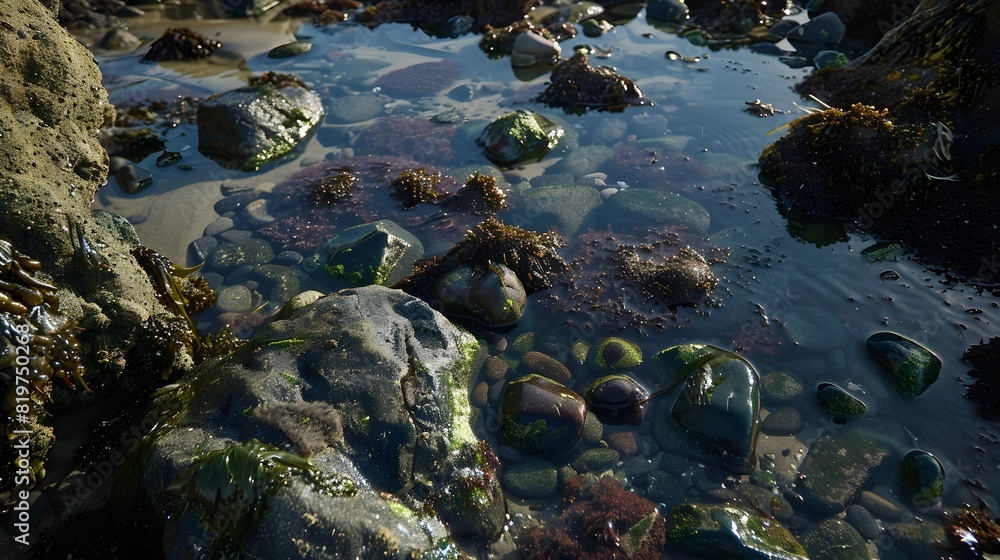 Tidal pool with colorful stones and seaweed at a rocky beach during low tide, revealing the vibrant underwater ecosystem.