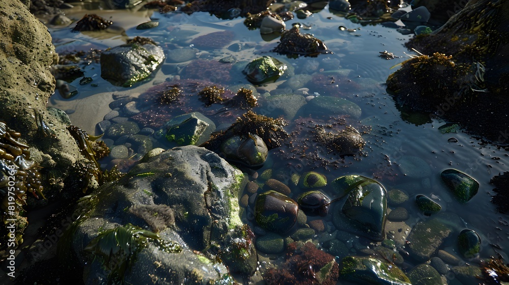 Tidal pool with colorful stones and seaweed at a rocky beach during low tide, revealing the vibrant underwater ecosystem. Tidal pool with colorful stones and seaweed at a rocky beach during low tide, revealing the vibrant underwater ecosystem.