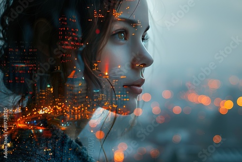 Double exposure of woman with city and data
