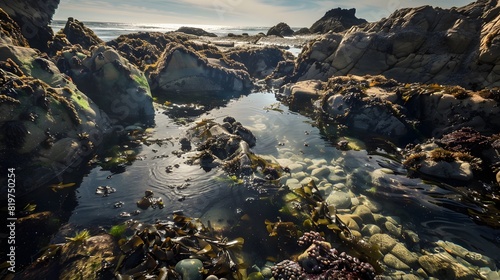 Beautiful coastal tide pool brimming with marine life  surrounded by rocky formations  showcasing vibrant underwater flora on a sunny day.