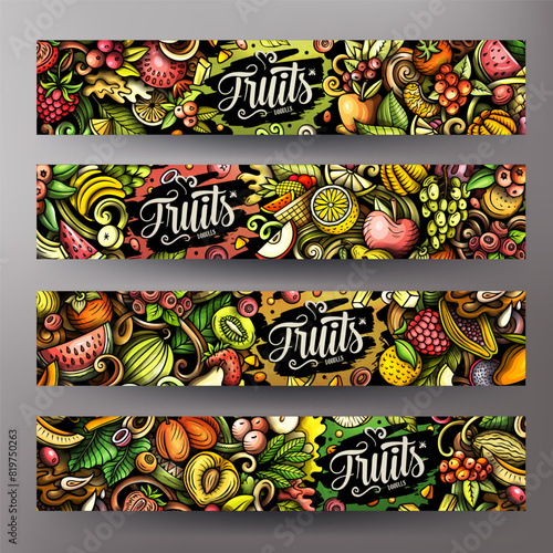 Cartoon vector doodle set of Fresh Fruits banners templates. Corporate identity for the use on apps  branding  flyers  web design. Funny natural food colorful illustration.