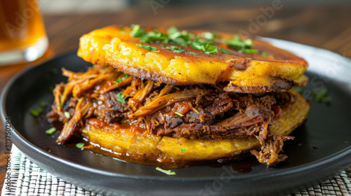 Authentic venezuelan shredded beef arepa served on a black plate with herbs, a classic dish showcasing latin american cuisine