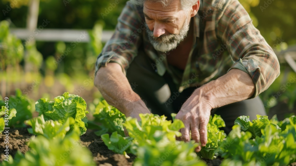 Senior Man Tending Vegetable Garden