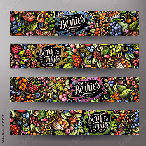Cartoon vector doodle set of Berry Fruits banners templates. Corporate identity for the use on apps, branding, flyers, web design. Funny natural food colorful illustration.
