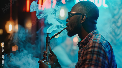 Man exuding coolness while enjoying a hookah session amidst neon glow.