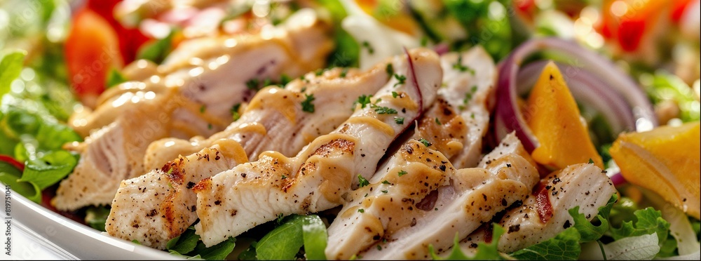 Roasted chicken breast. Healthy chicken salad bowl. Roasted chicken breast. Healthy chicken salad bowl.