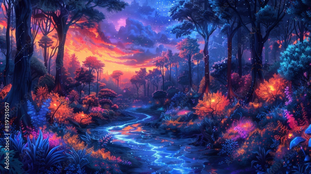 Enchanted Psychedelic Forest Illuminated with Glowing Plants and Surreal Creatures in Vibrant Watercolor Hues Enchanted Psychedelic Forest Illuminated with Glowing Plants and Surreal Creatures in Vibrant Watercolor Hues