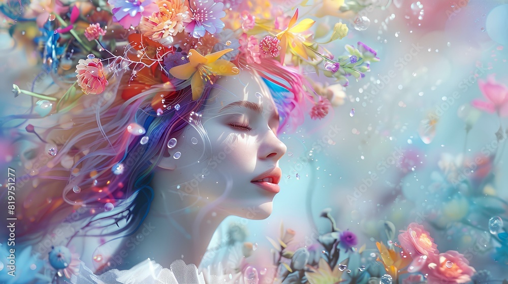 A portrait of a woman surrounded by a vibrant explosion of color, creating a dreamy and surreal atmosphere. 