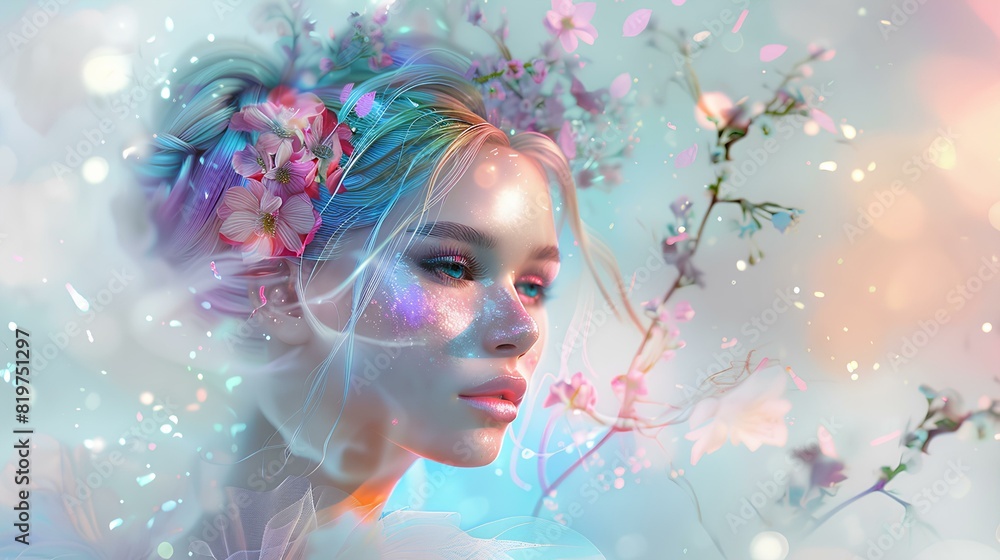 A portrait of a woman surrounded by a vibrant explosion of color, creating a dreamy and surreal atmosphere. 