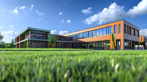 modern school building with large windows surrounded by green grass and blue sky