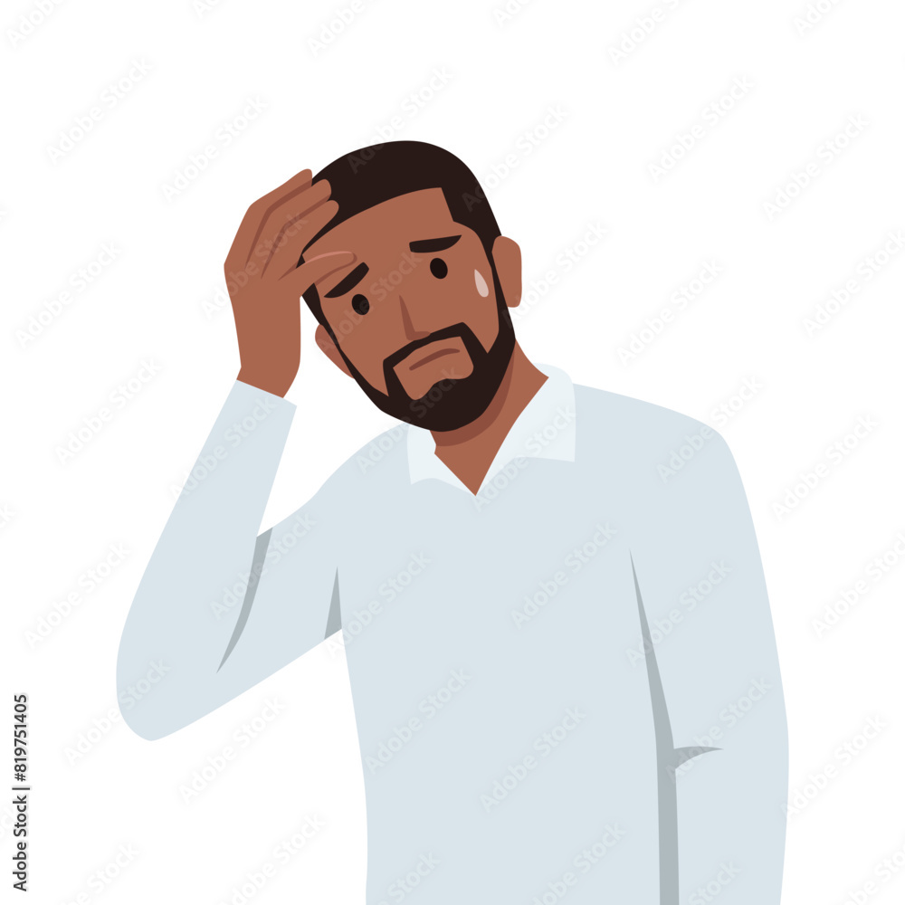Frustrated man holding hand on head. Flat vector illustration isolated on white background Frustrated man holding hand on head. Flat vector illustration isolated on white background