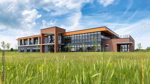 modern school building with large windows surrounded by green grass and blue sky photo