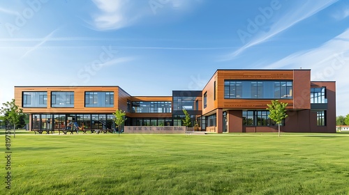 modern school building with large windows surrounded by green grass and blue sky photo