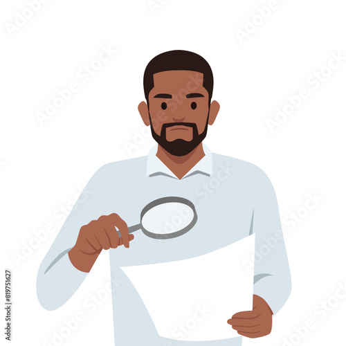 Young attentive businessman looking at magnifier trying to find official documents. Flat vector illustration isolated on white background