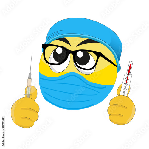 Expression de visage d'infirmier avec masque de protection tenant dans chaque main seringue et thermomètre sur émoticône	