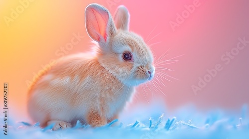 A cute rabbit hopping, surrounded by soft pastel shades of pink and blue