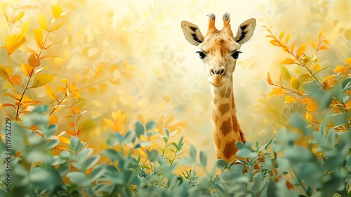 A gentle giraffe reaching for leaves  isolated on a white background with a backdrop of green and yellow